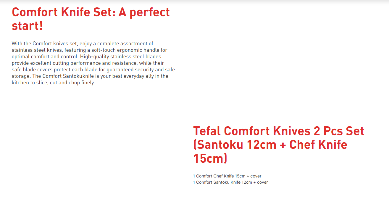 Tefal Comfort Knives 2 Pcs Set (Santoku 12cm+Chef Knife 15cm) TEF-K221S2 Descriptions