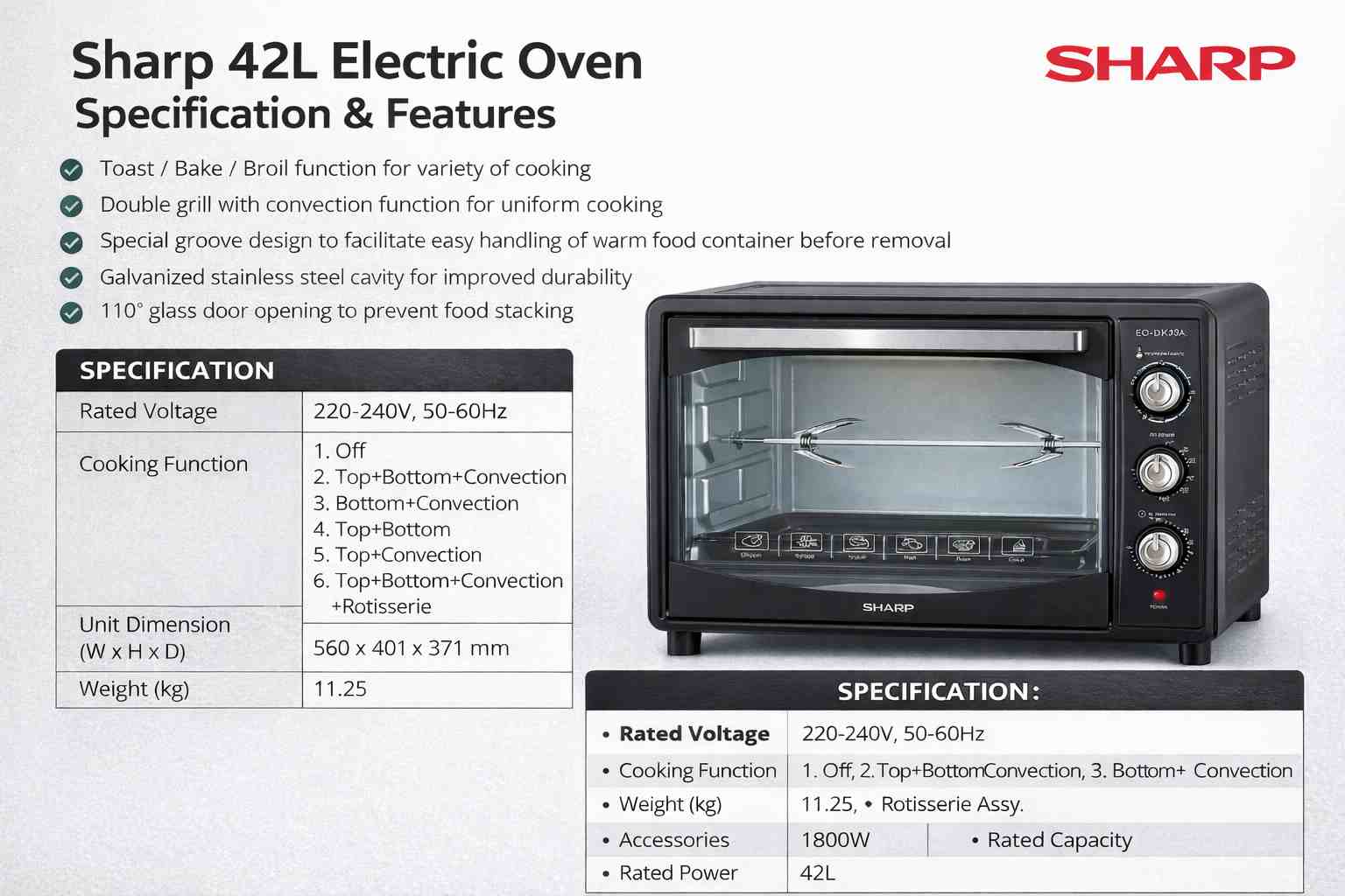 Sharp 42L Electric Oven descriptions and specifications