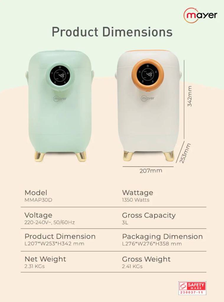 Digital air pot showing product dimensions and specifications