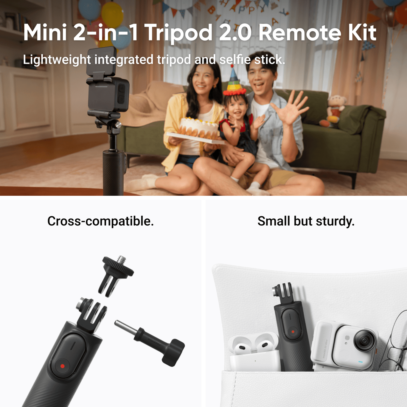 Mini 2-in-1 tripod remote kit for hands-free filming