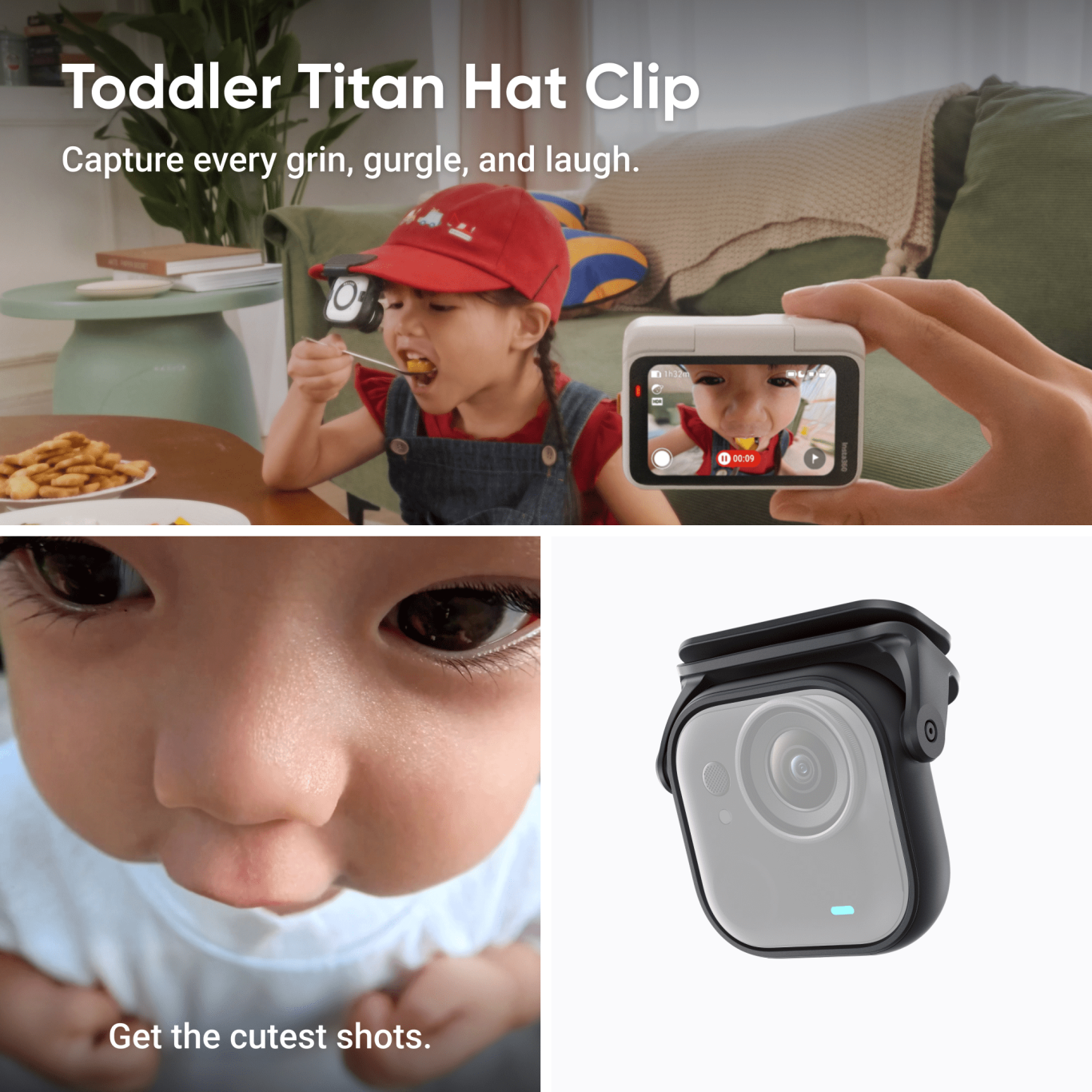 Toddler hat clip accessory for cute first-person shots