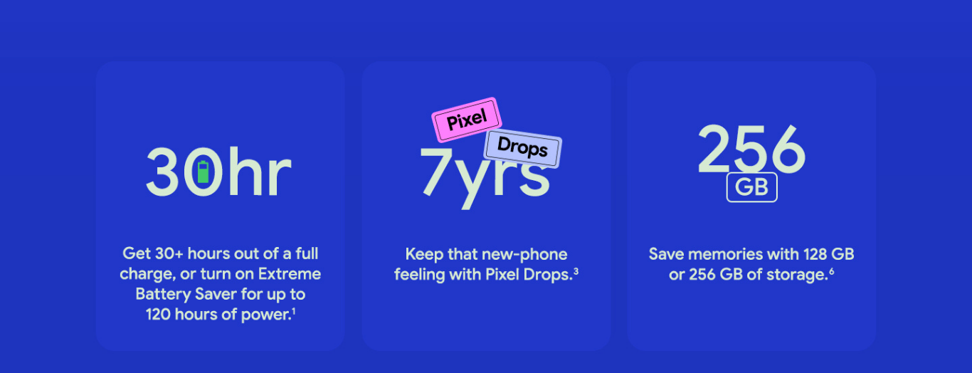 Pixel 10a 30hr battery and storage options