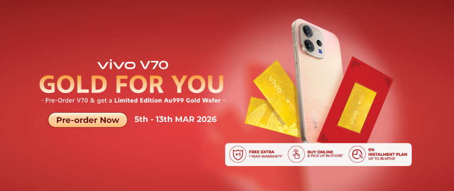 Red vivo V70 pre-order. Get a Gold Wafer, extra warranty, store pick-up, and 0% instalment up to 36 months.
