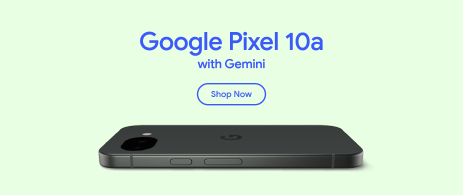 Black Google Pixel 10a smartphone with Gemini laying flat on a light green background.