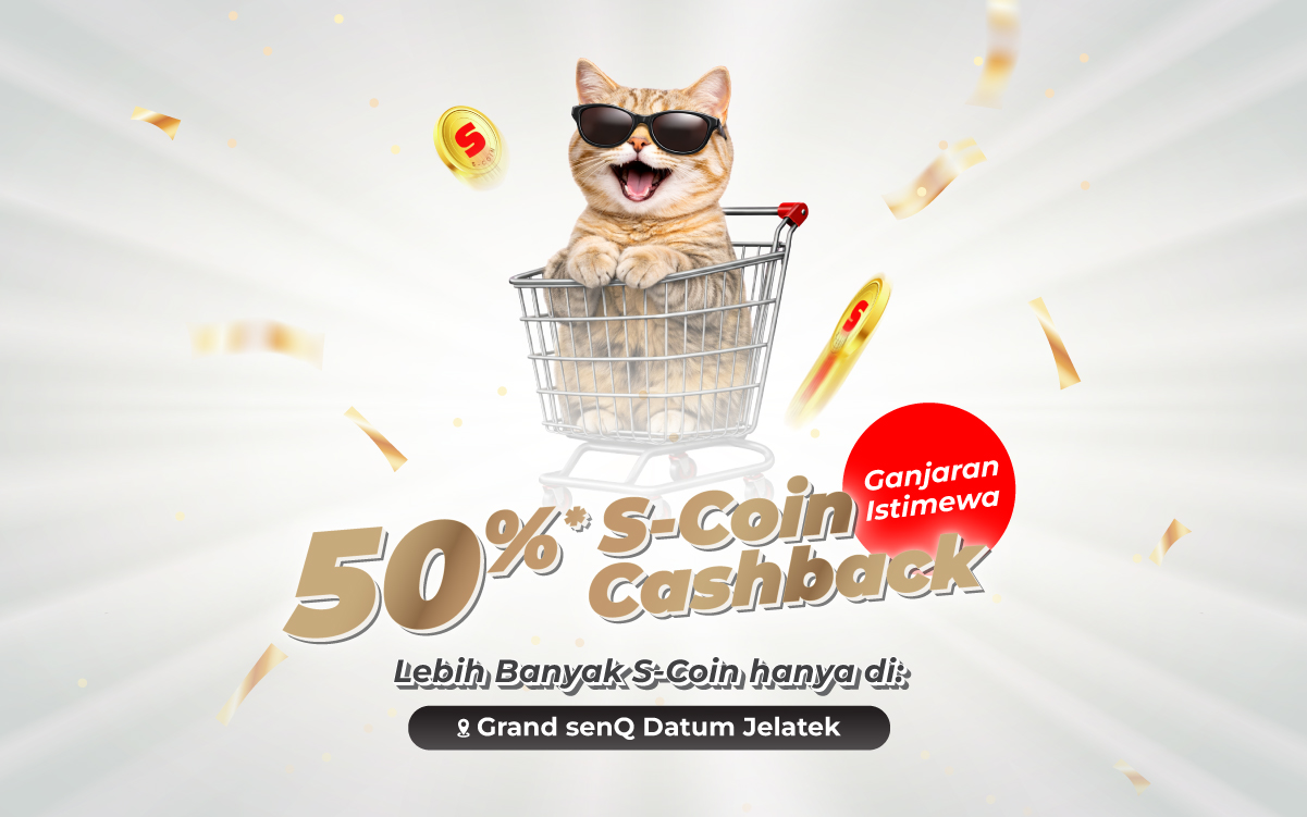 Cat in sunglasses inside a shopping cart. Earn 50% S-Coin Cashback with special rewards at Grand senQ Datum Jelatek.