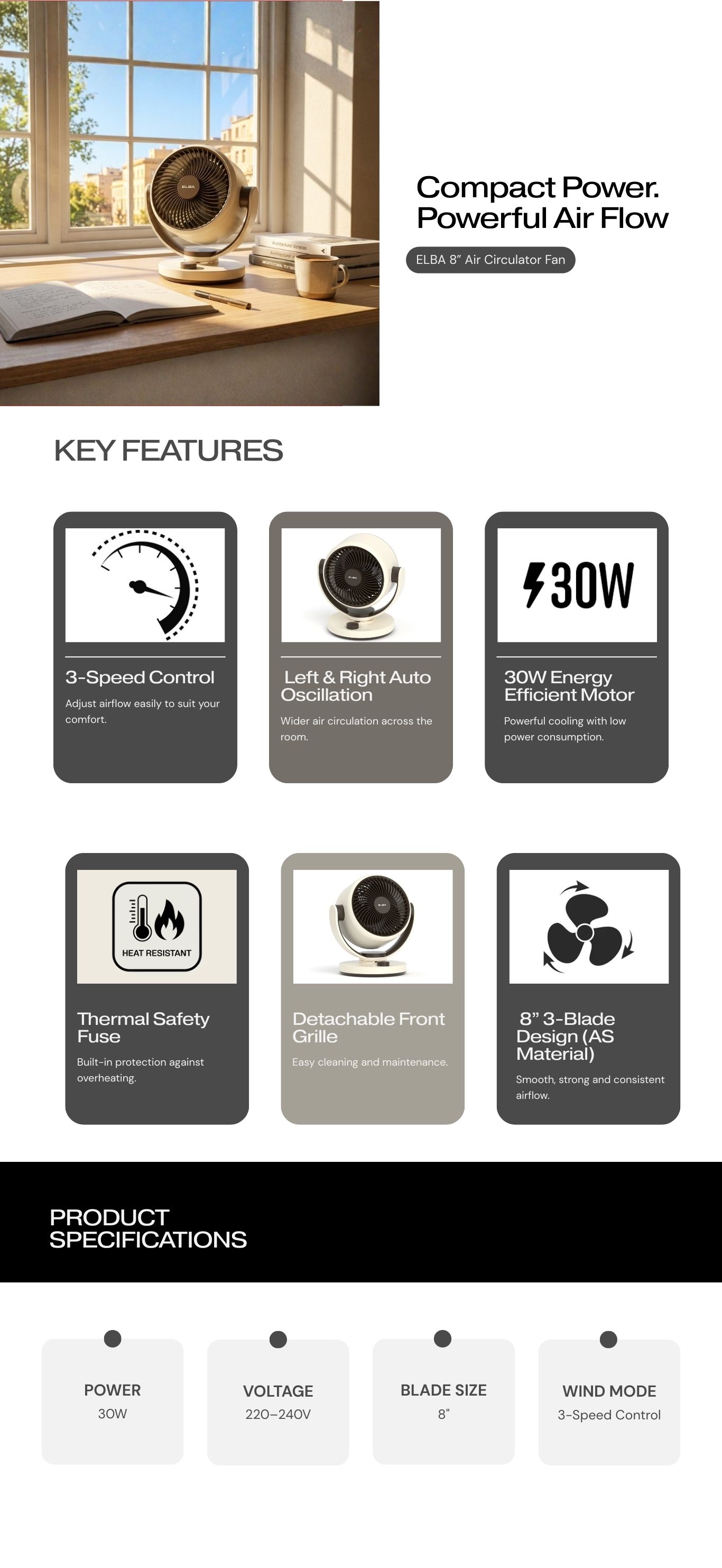 ELBA 8” air circulator fan with 3-speed and auto oscillation
