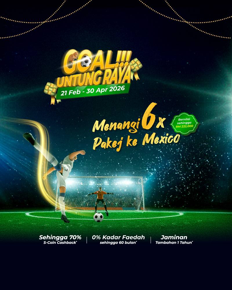 Goal Untung Raya promo with a football player in a stadium. Win a Mexico trip, 70% S-Coin Cashback, and 0% interest.