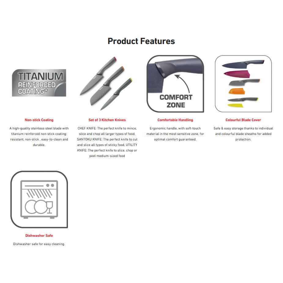 Tefal 3 Pcs Fresh Kitchen Knives Set With Cover TEF-K122S324 features