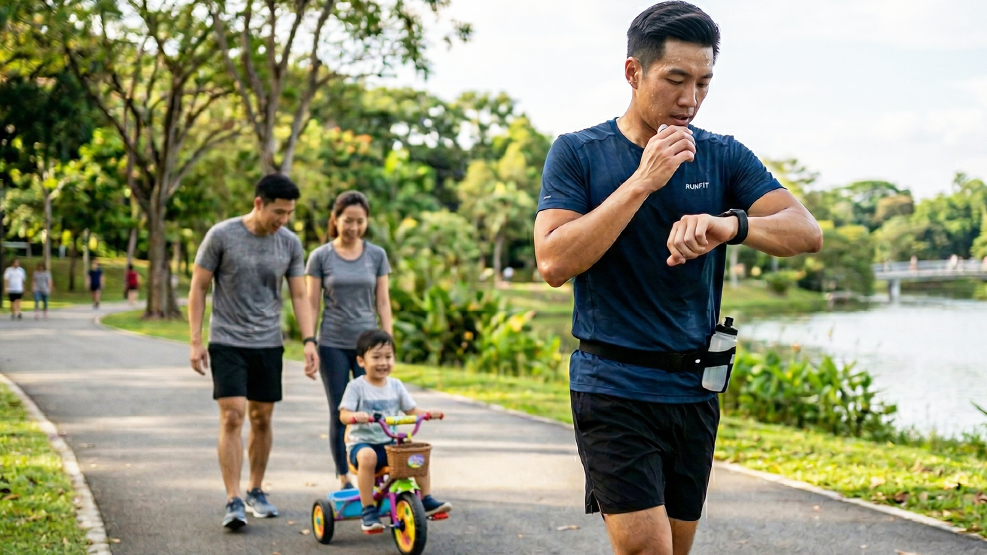 Man jogging in a park checking his smartwatch. Lose Weight Step by Step with a Smartwatch blog post.
