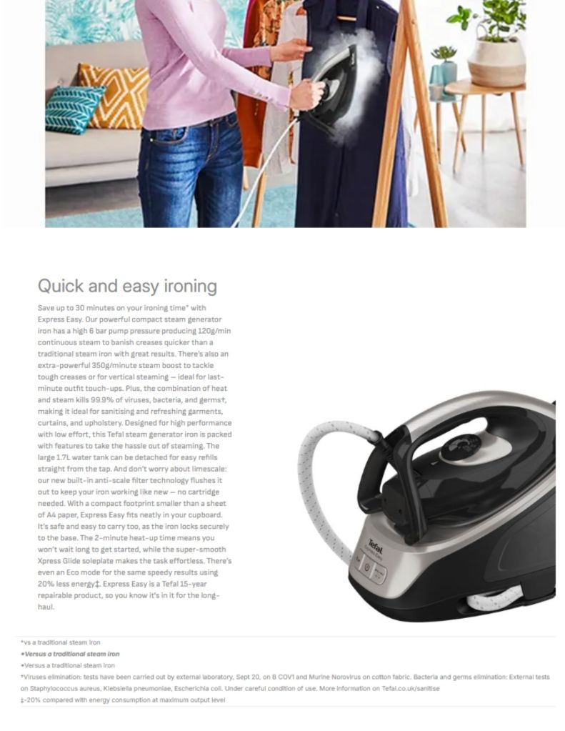 Tefal Express Easy Steam Generator Iron / Black & Steel Grey TEF-SV6140 descriptions