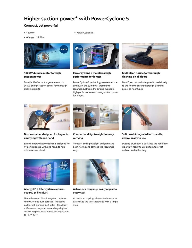 Philips PowerPro Compact Bagless vacuum cleaner FC9350/62 features