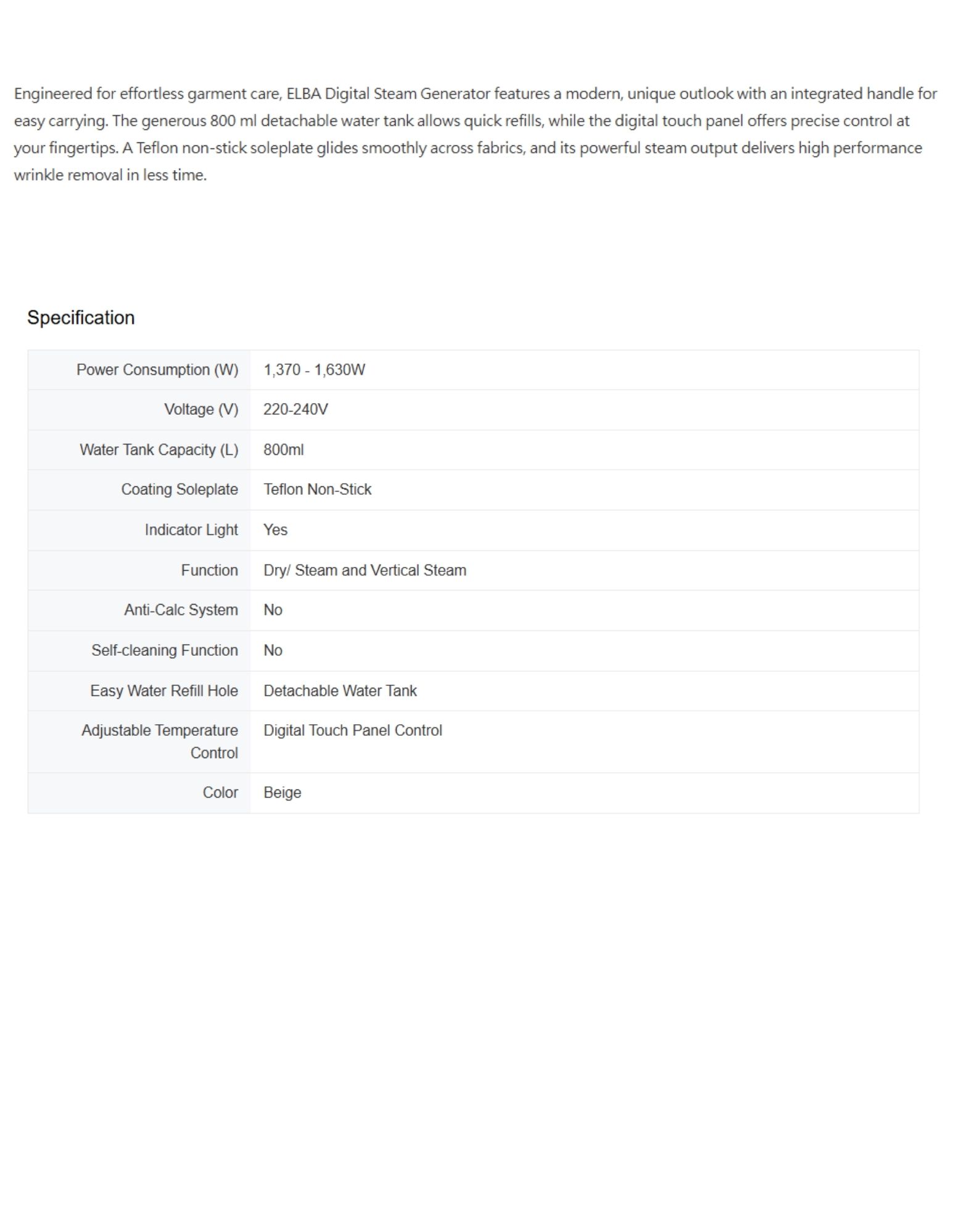 Elba 1370W-1630W Digital Steam Generator ELB-ESGS1680D(BG) descriptions