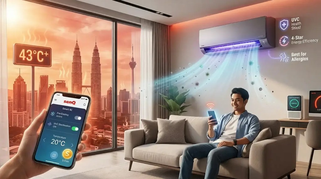 A person controls a Haier or Midea smart air conditioner with UVC sterilization and allergy protection from a smartphone, contrasting a cool interior with the hot 2026 Kuala Lumpur skyline.