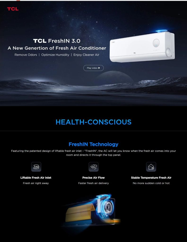 TCL 1.0HP-2.0HP FreshIN 3.0 Series 5 Star Air Conditioner features