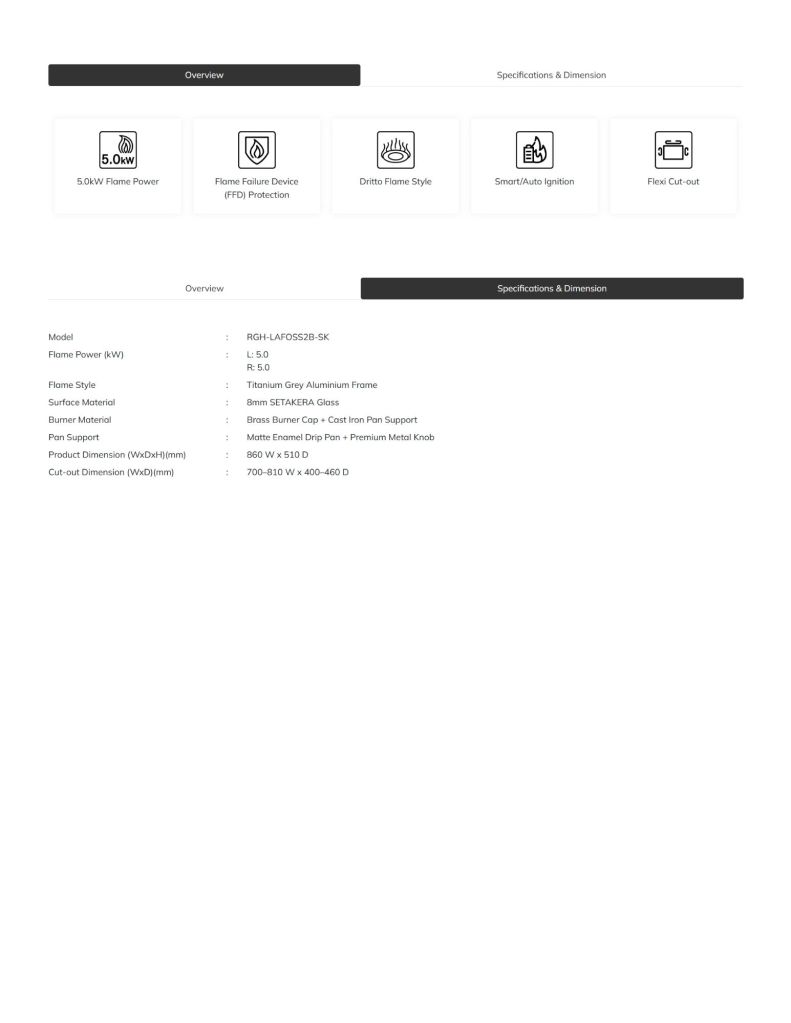 Rubine 86CM Cooker Hob RUB-RGHLAFOSS2BSK specifications