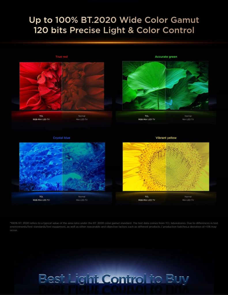 Close-up of TCL Q7D TV's BT.2020 Wide Color Gamut and 120 bits Precise Light & Color Control features