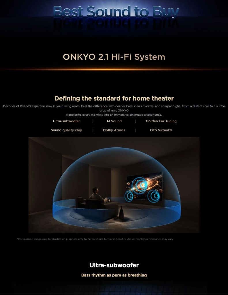 Close-up of TCL Q7D TV's ONKYO 2.1 Hi-Fi System with Ultra Subwoofer feature