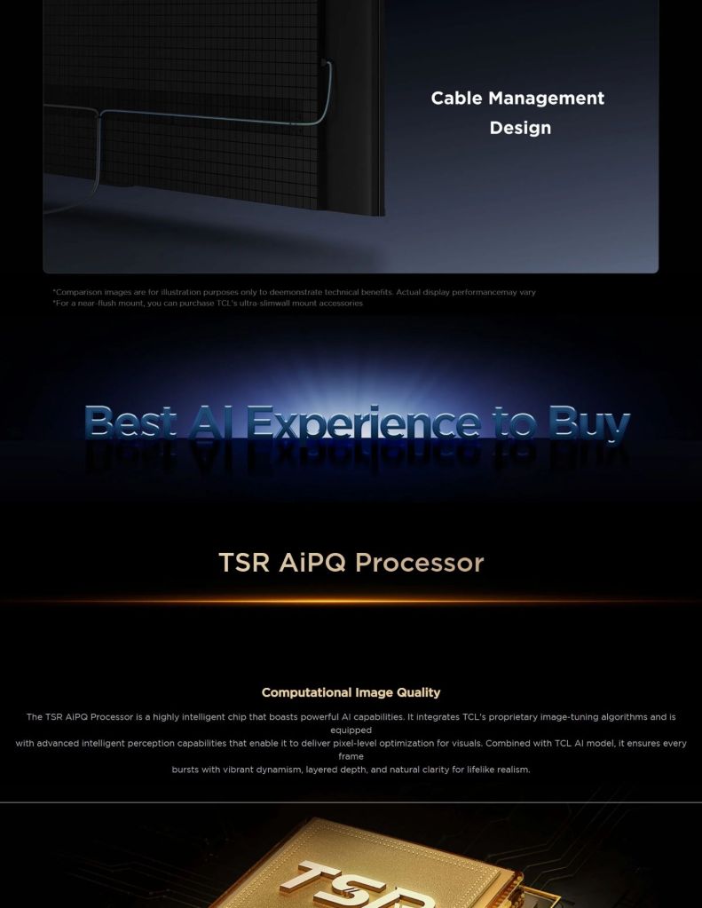 Close-up of TCL Q7D TV's Cable Management Design and T88 AiPQ Processor feature