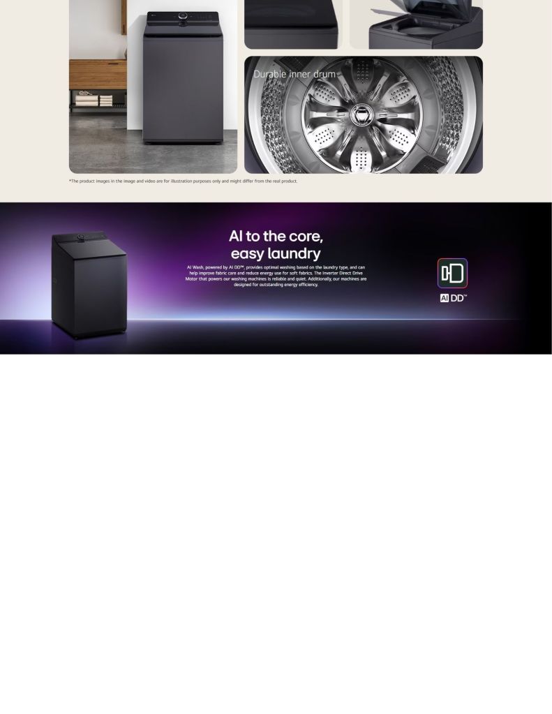 LG 18kg Top Load Washing Machine with Intelligent Fabric Care AI to the core,easy laundry