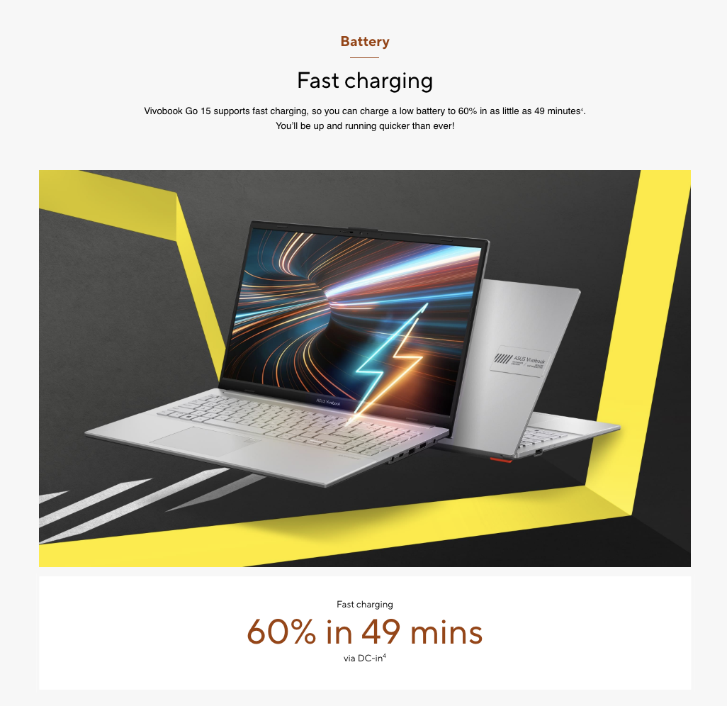 Close-up of Asus Vivobook Go 15 fast charging to 60% battery in 49 minutes via DC-in