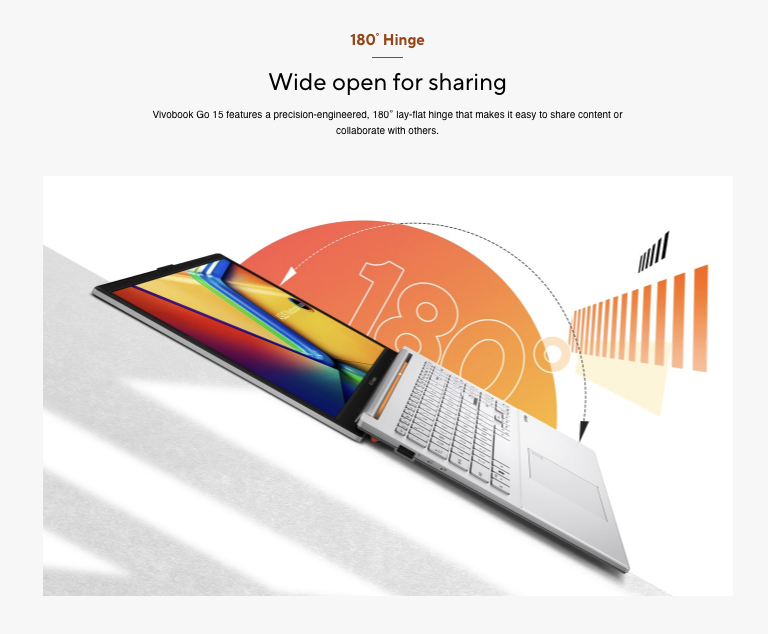 Close-up of Asus Vivobook Go 15 180-degree lay-flat hinge for easy content sharing