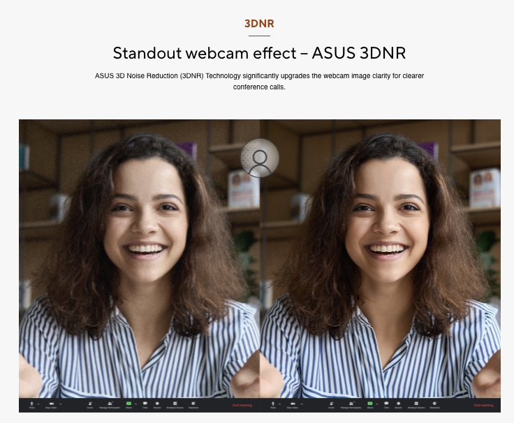 Close-up of Asus Vivobook Go 15 3DNR Technology before and after webcam clarity comparison