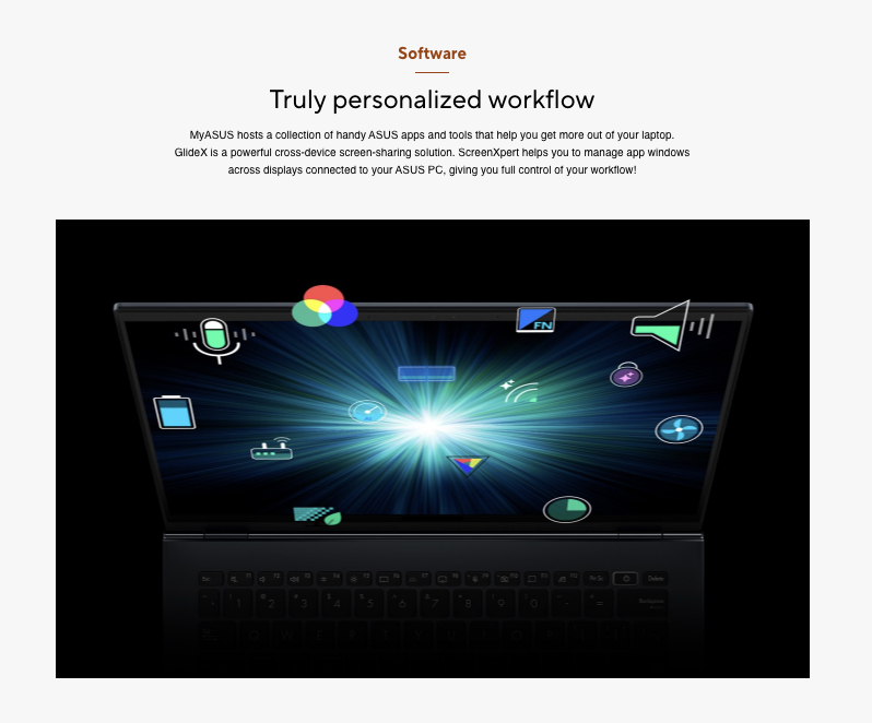 Close-up of Asus Vivobook Go 15 software suite: MyASUS, GlideX and ScreenXpert for personalised workflow