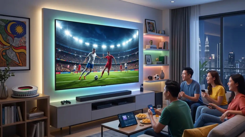 A group of friends in a modern Malaysian living room, immersed in a World Cup match playing on a large smart TV with dynamic background lighting.