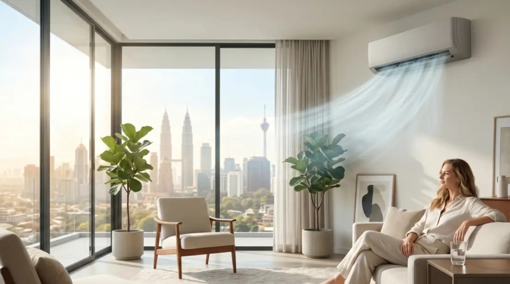 Minimalist luxury studio apartment interior with a slim-profile inverter air conditioner cooling the space during a heatwave, overlooking the Kuala Lumpur skyline.
