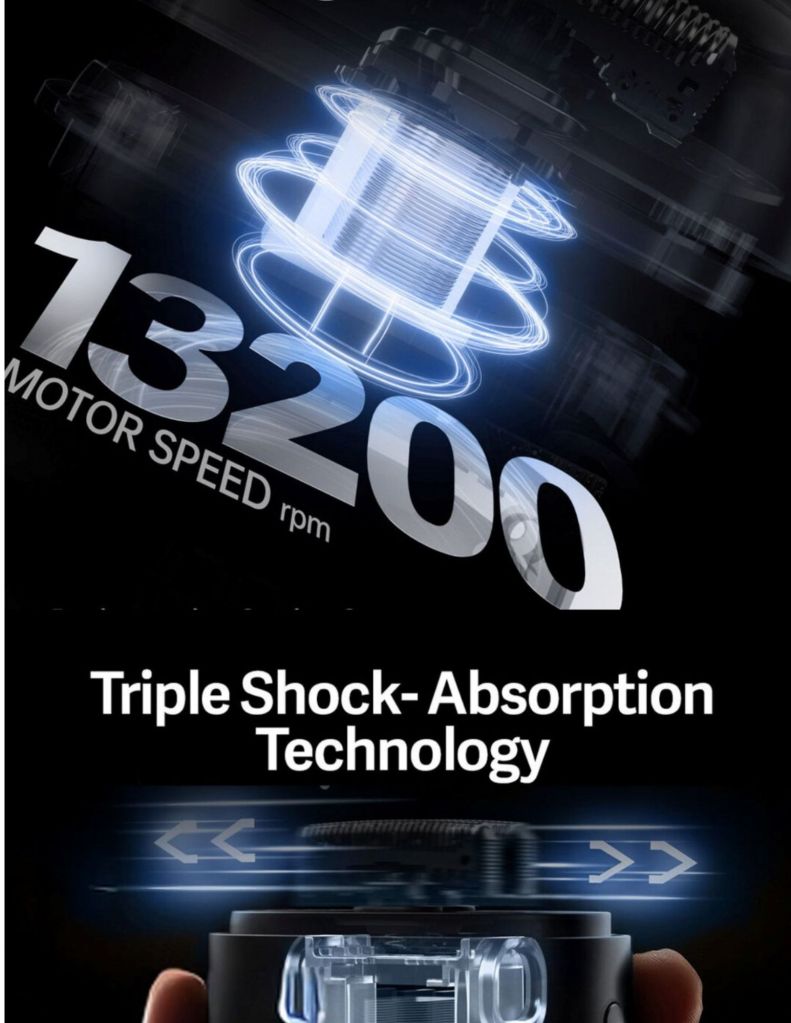 Close-up of FLYCO F8 Portable Electric Shaver triple shock absorption technology