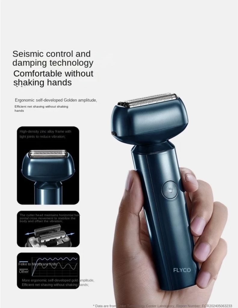 Close-up of FLYCO F005 wet & dry premium shaver seismic control and damping technology
