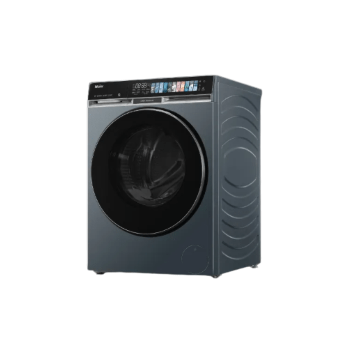Front load washer viewed from the right with large drum door