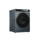 Modern washing machine viewed from the left with premium dark finish