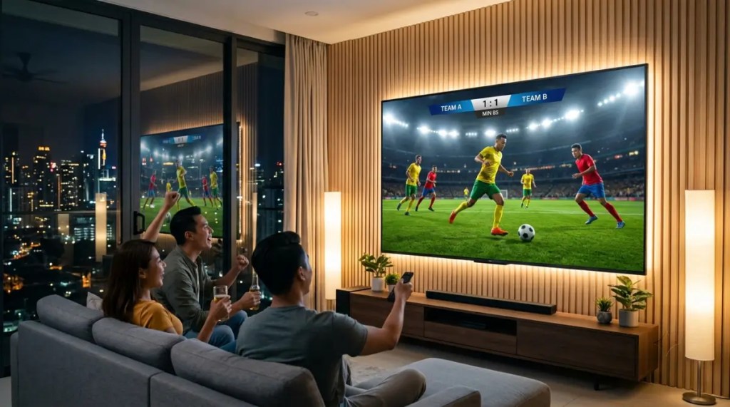 A modern high-rise condo apartment living room at night featuring a large 75-inch premium smart TV displaying a crisp, vibrant World Cup football match with floor-to-ceiling city views in the background.