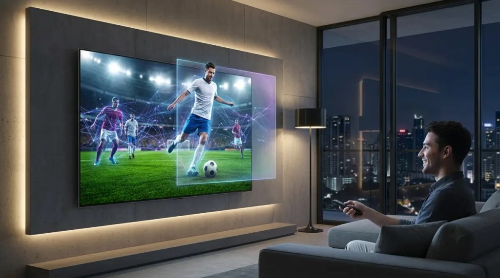 A close-up view of a massive, sleek premium smart TV mounted on a minimalist wall in a modern apartment, showcasing crisp, deep-learning Vision AI optimization that sharpens a live football match.