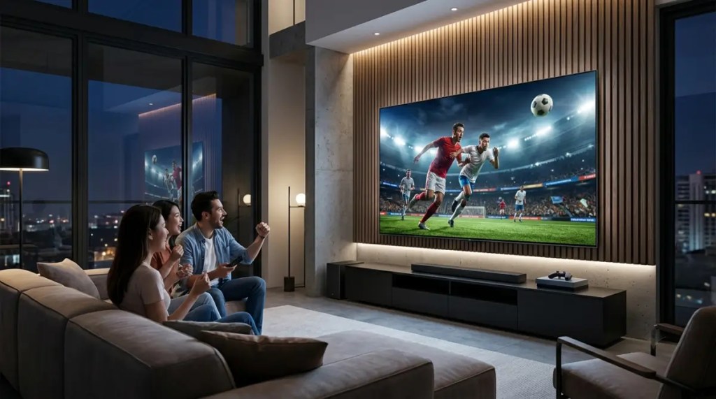 A modern urban apartment interior at night showcasing a large 144Hz QD-MiniLED smart TV displaying a crisp, high-action live football match with zero motion blur.