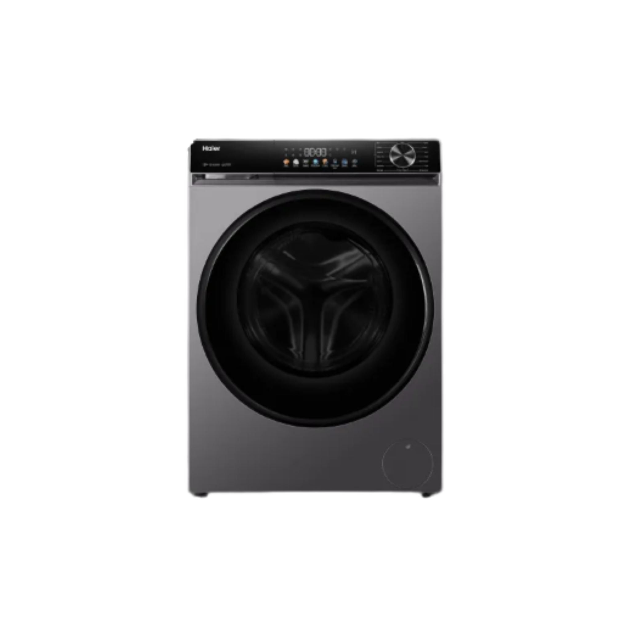 01 Haier front load washing machine in dark grey with digital control panel