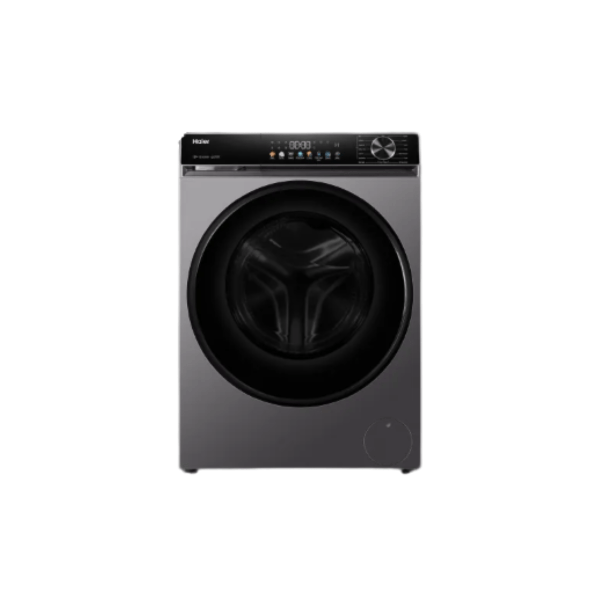 Haier front load washing machine in dark grey with digital control panel