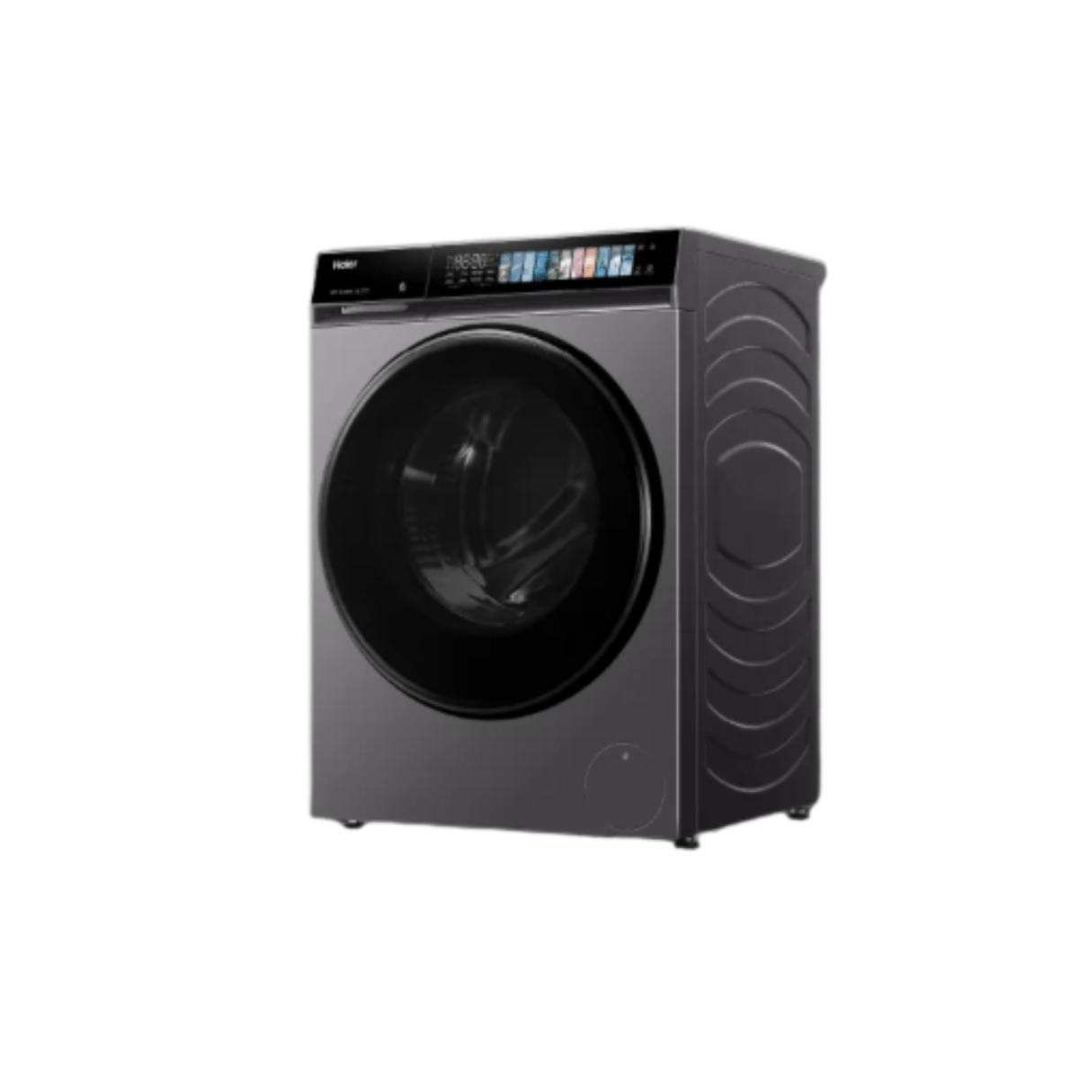 Modern front load washer viewed from the left with large drum door