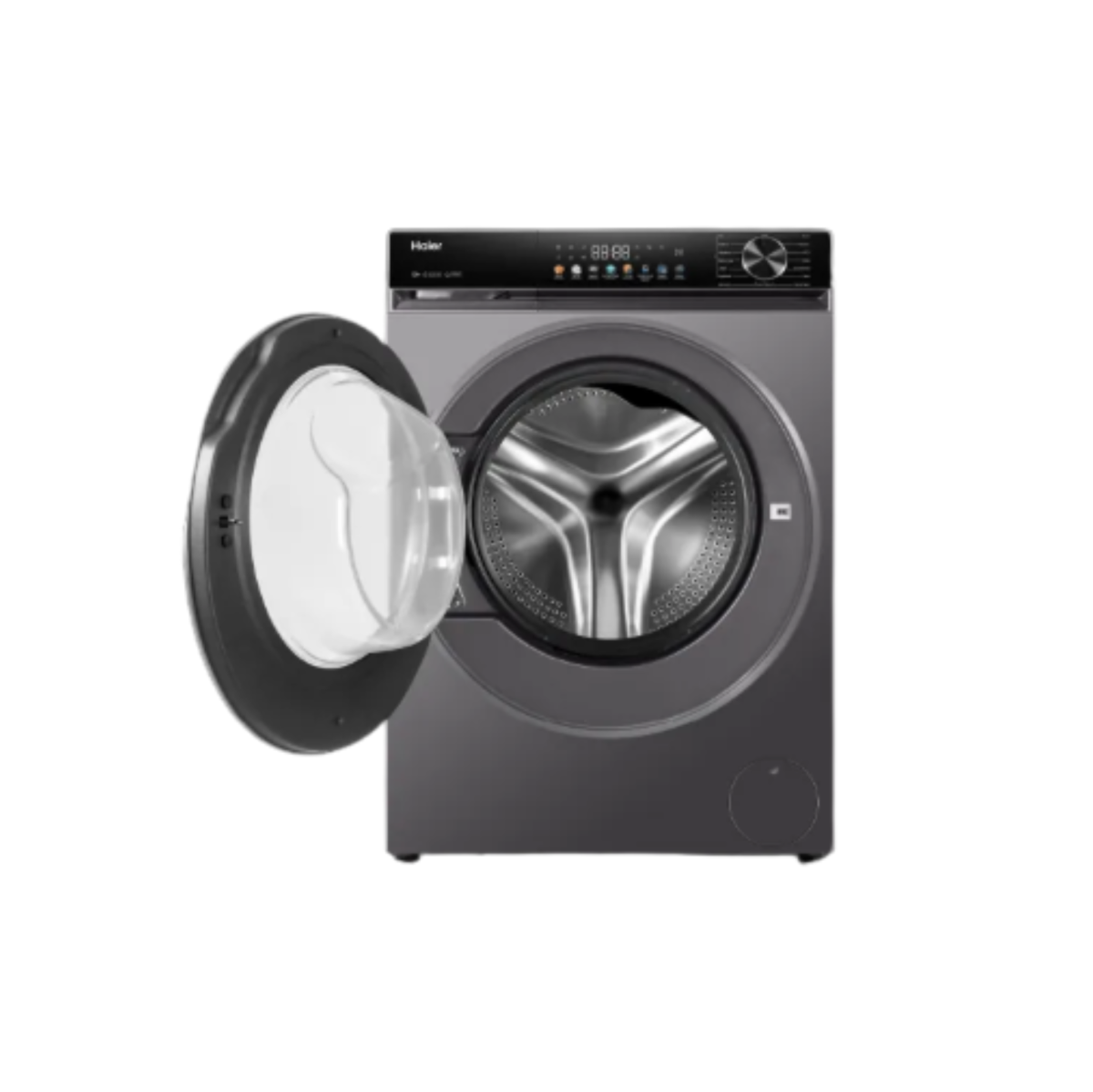 Front load washer with open door showing spacious stainless steel drum