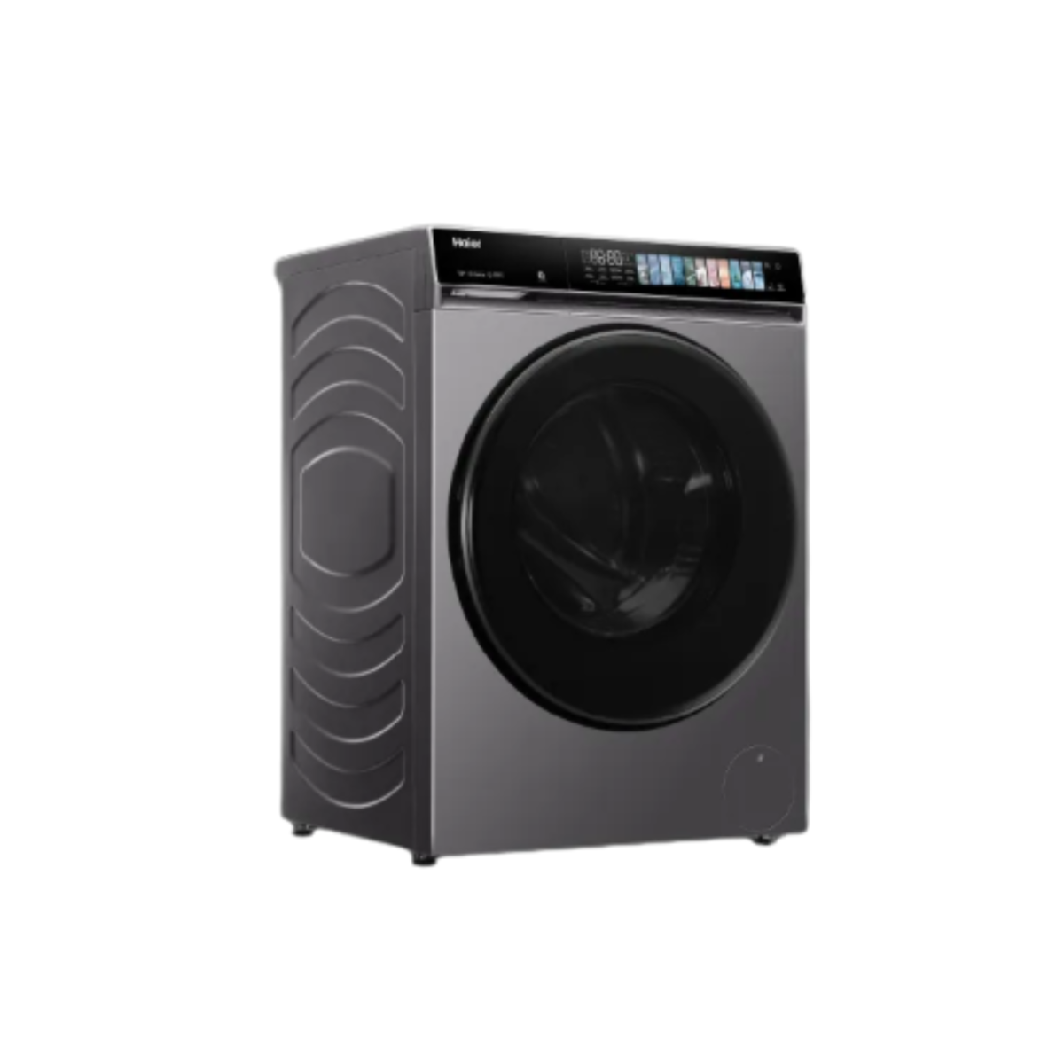 Dark grey front load washing machine viewed from the right side