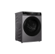 Modern front load washing machine viewed from the left side in dark grey