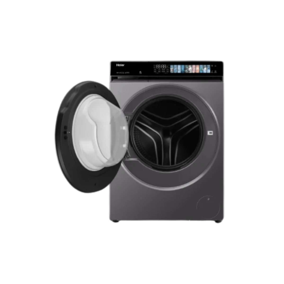 Front load washing machine with open door showing spacious drum interior