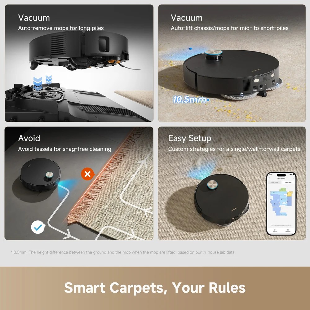 Close-up of Dreame X60 Ultra Robot Vacuum smart carpet, your rules
