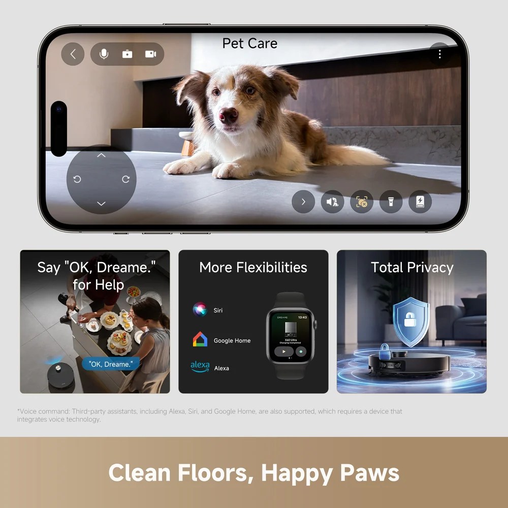 Close-up of Dreame X60 Ultra Robot Vacuum clean floors, happy paws