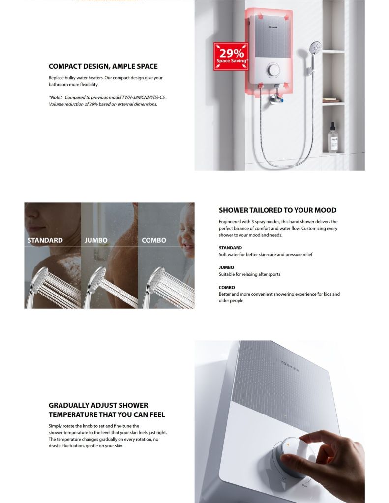 Close up of Toshiba Water Heater compact design, shower tailored to your mode and adjust temperature