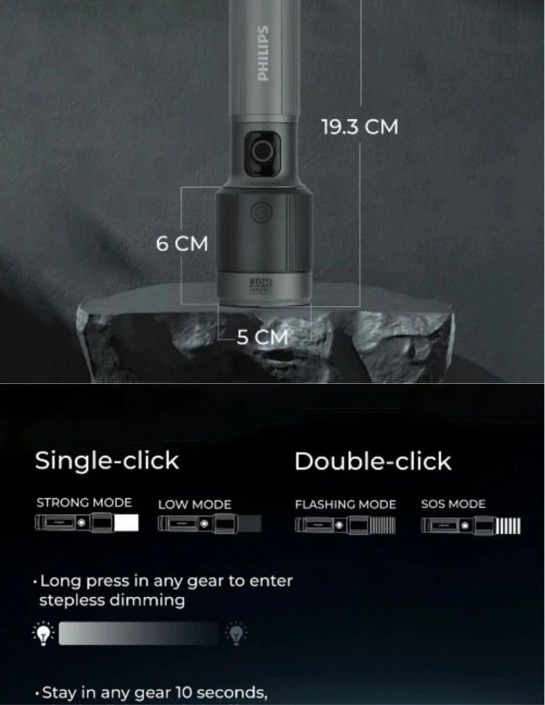 Close-up of Philips flashlight single click & double click