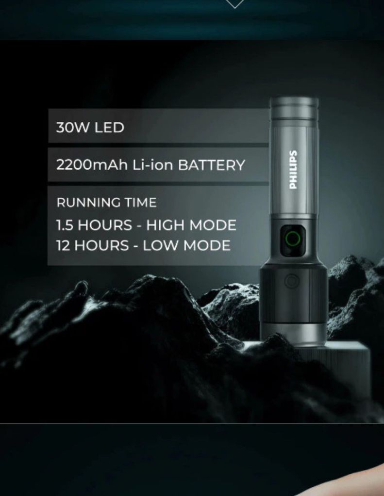 Close-up of Philips flashlight 30W LED & 2200mAh battery