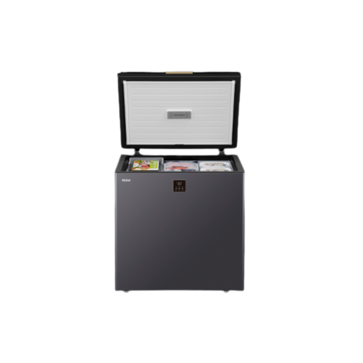 Open dark grey chest freezer with organised frozen food storage and digital control panel