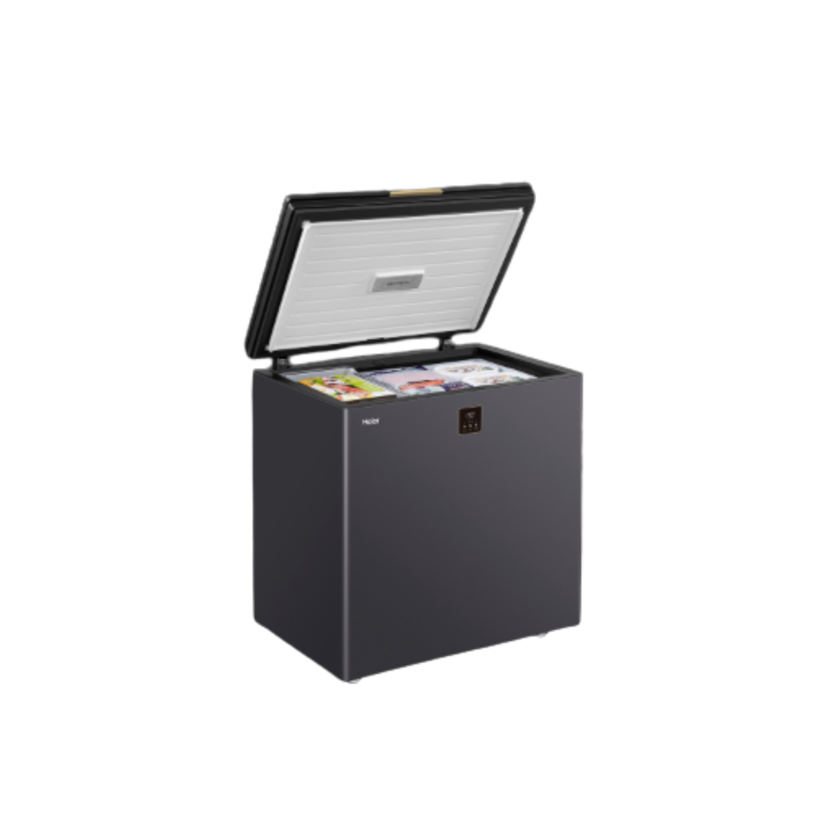 Open dark grey chest freezer viewed at an angle with frozen food storage inside